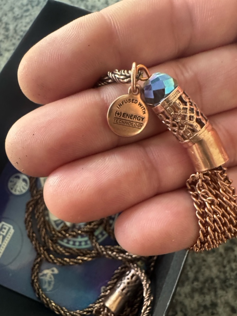 NWT Alex and Ani Long Black Chain Lariat Necklace with Rose Gold Tassel Ends